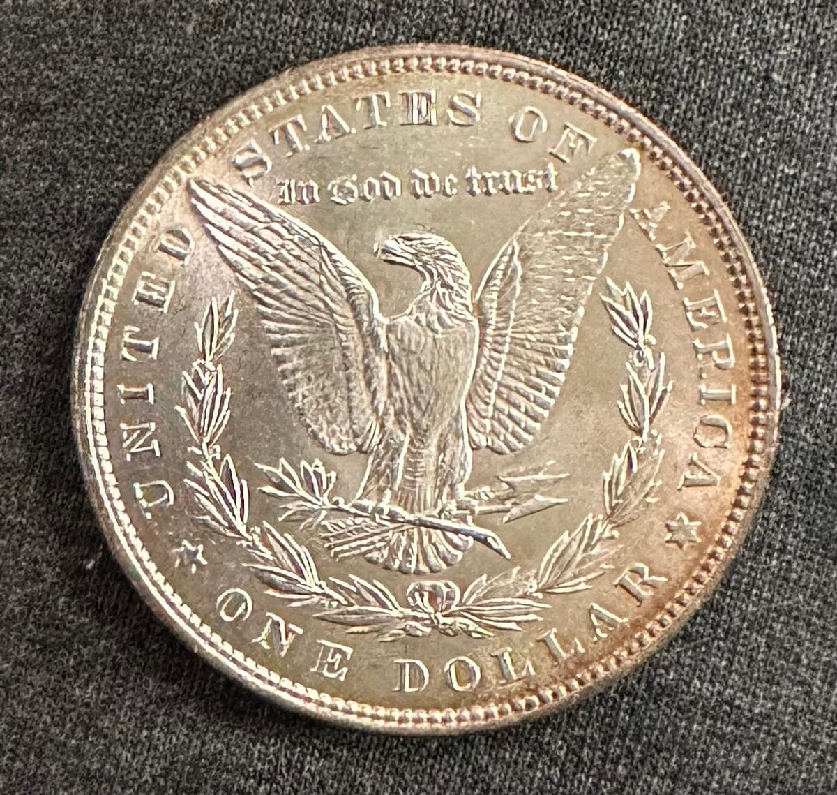 An iPhone photograph of an 1884 Morgan dollar, reverse up, on grey cloth