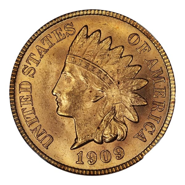 1909 Indian Head cent, MS65 red, cut out on white and centred at 90% of the square