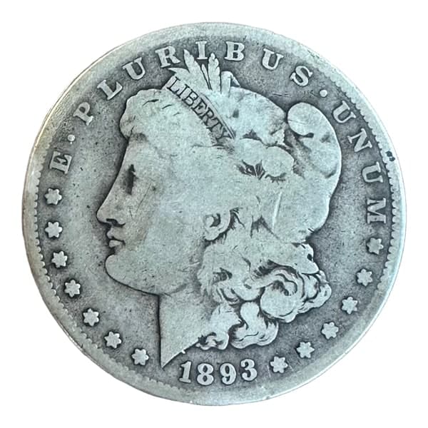 1893-S Morgan dollar, circulated, cut out on white and centred at 90% of the square